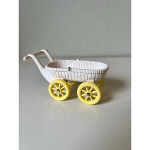 Loving Family Dollhouse White Baby Stroller Phram Carriage Yellow Wheels Toy